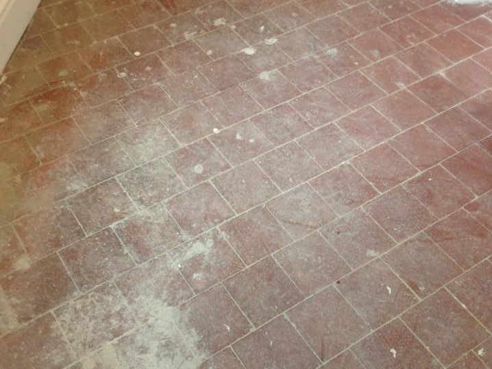Quarry tile floor before restoration - heavily stained and uneven