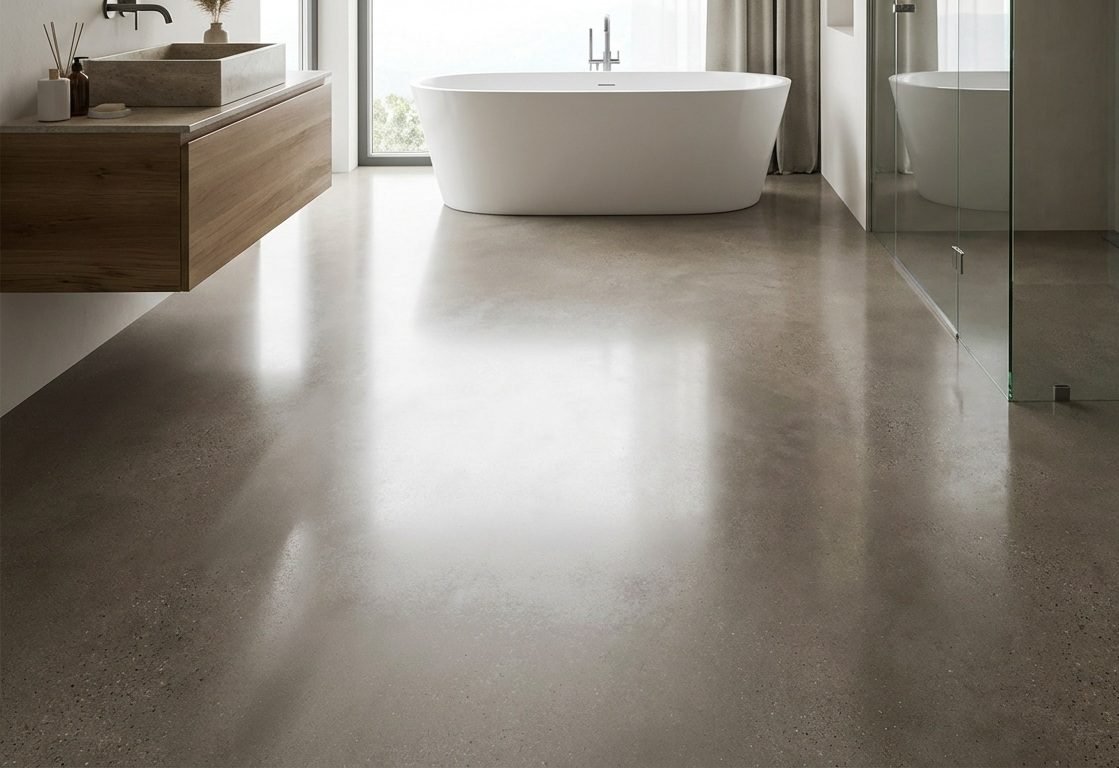 Polished concrete bathroom floor - waterproof sealed residential wet room