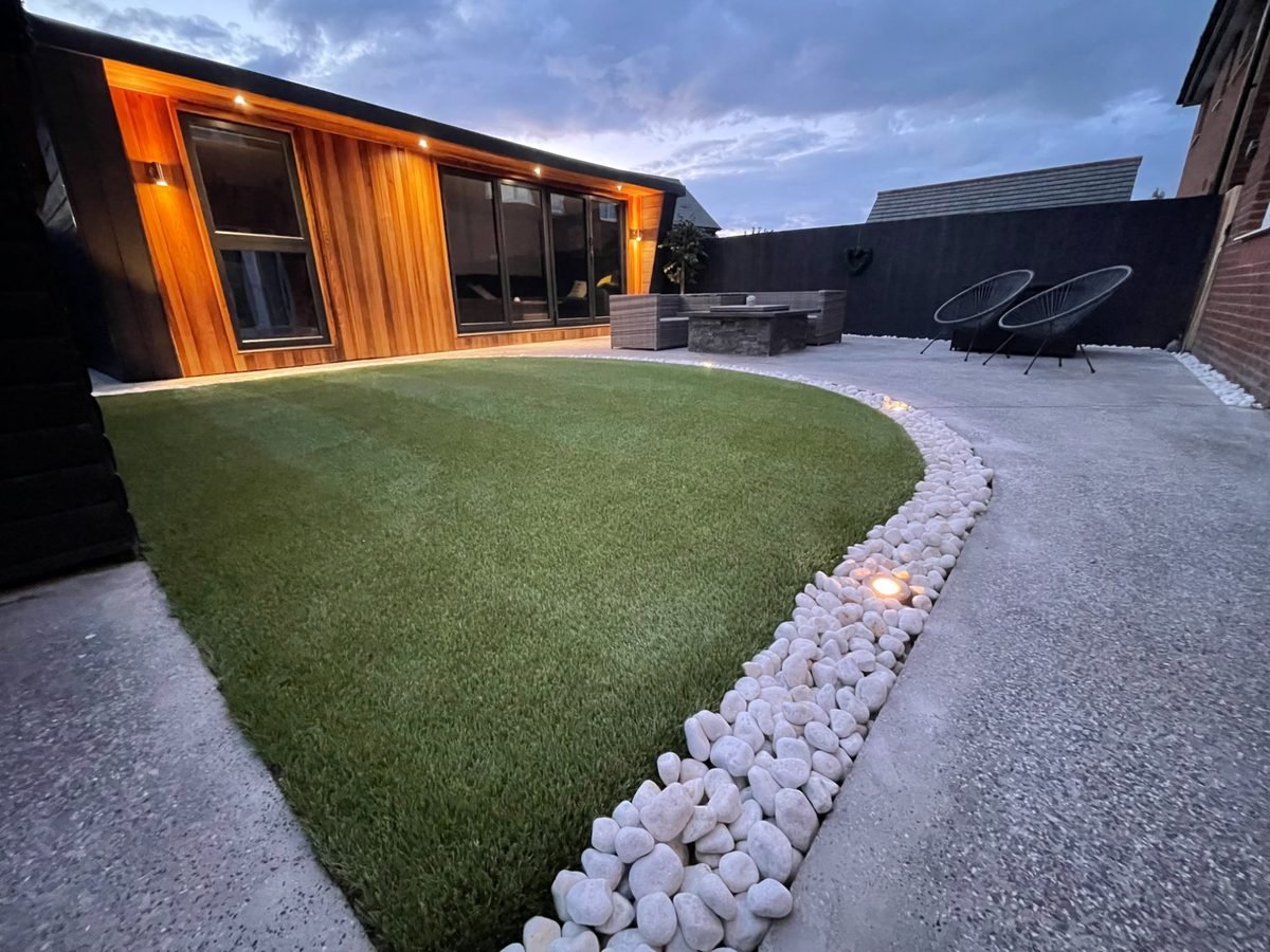 Polished concrete outdoor patio - evening finish with architectural lighting