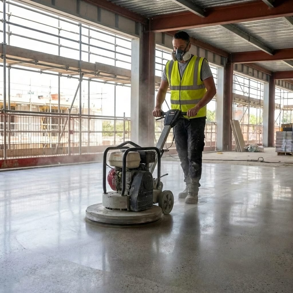 Jon Hughes grinding and polishing a concrete floor on site