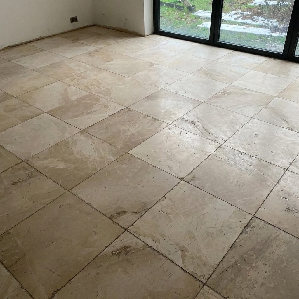 Marble floor before restoration - surface scratches and heavy dullness