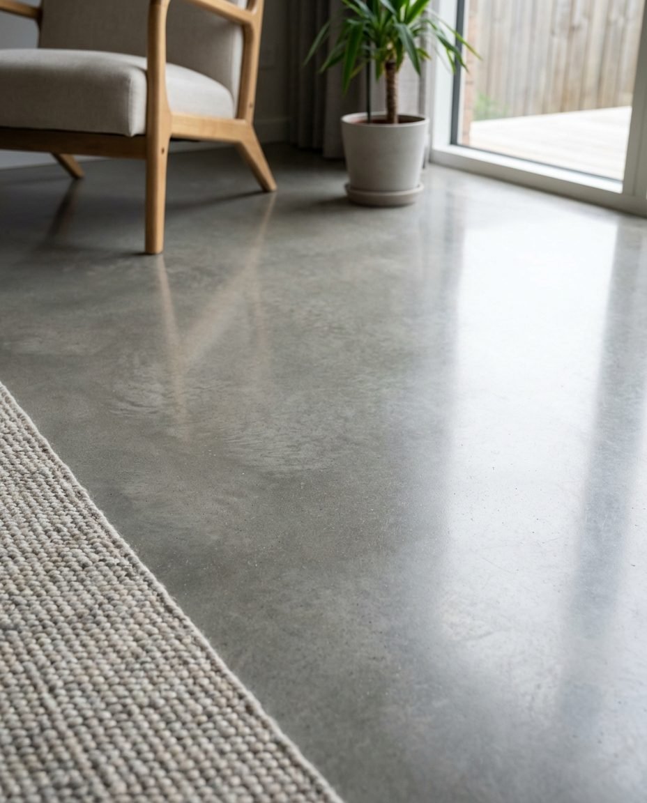Satin microcement floor with low sheen finish