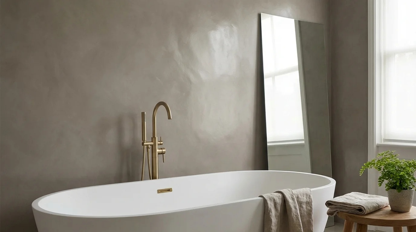 Satin microcement finish — low sheen polished surface